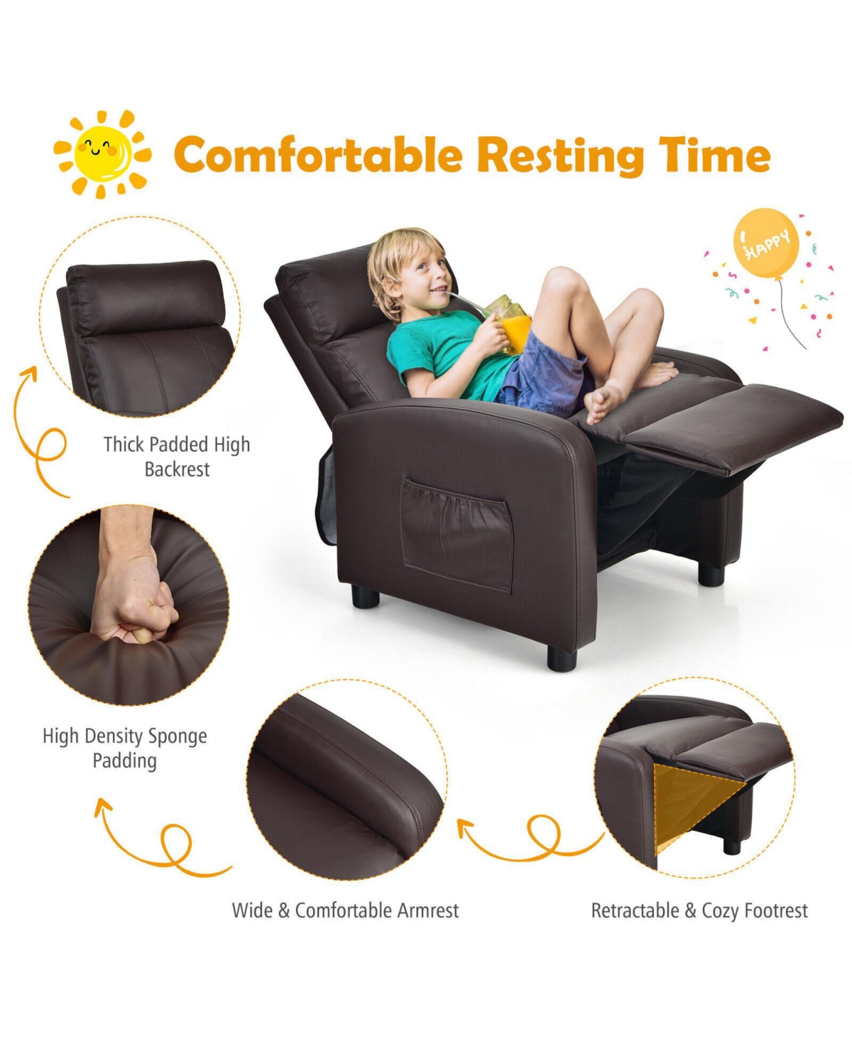 Gouun Ergonomic Pu Leather Kids Recliner Lounge Sofa for 3-12 Age Group