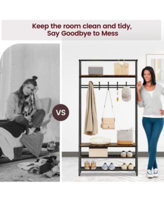 Coat Rack Shoe Bench, 4-in-1 Hall Trees Entryway Bench with Coat Rack and Shoe Rack, Wood Look Accent Furniture with Steel Frame Storage Shelf and Hanging Bar, Industrial