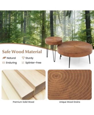 Set of 2 Solid Wood Ring Pattern Farmhouse Round Tables