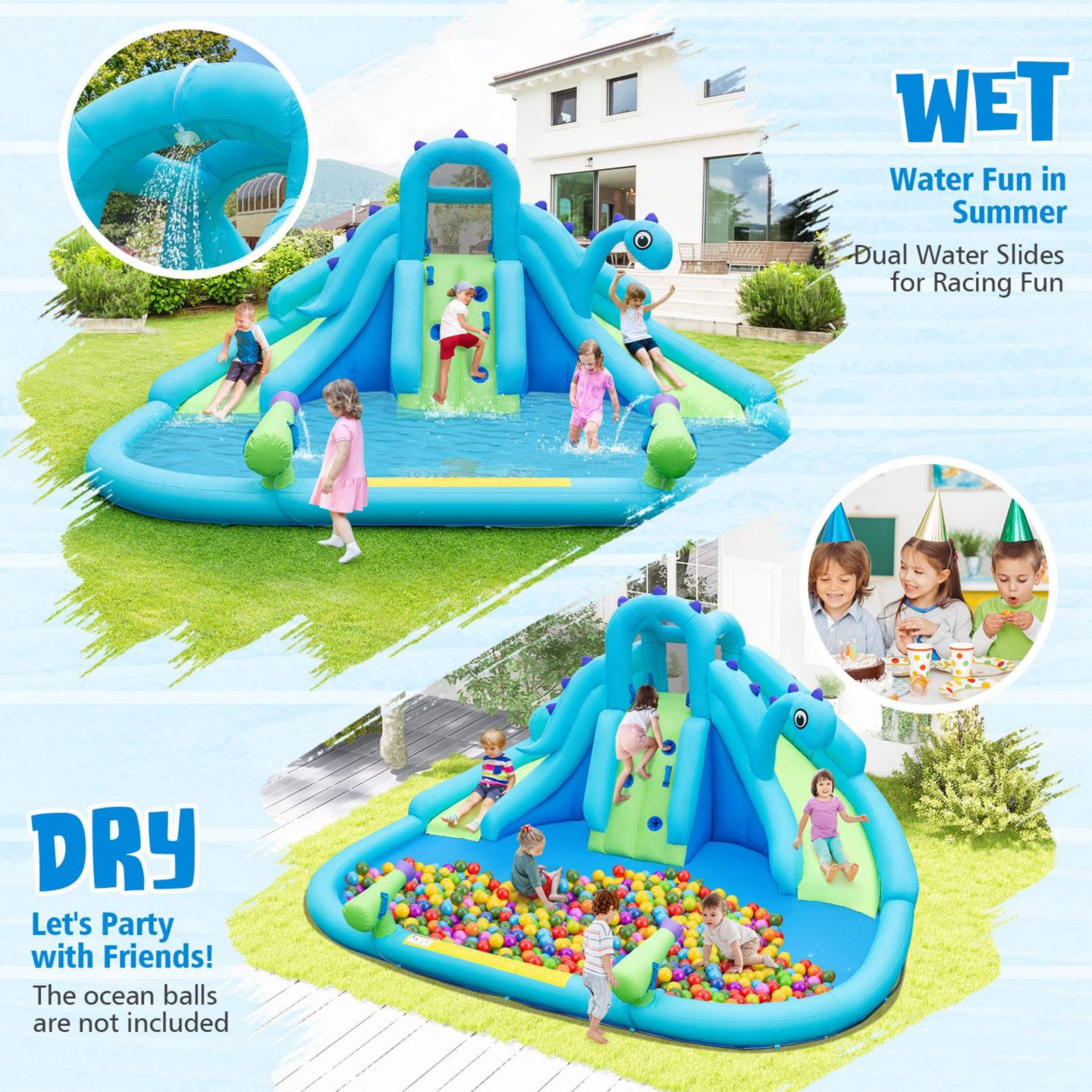 Детские игрушки GOUUN Kids Inflatable Water Slide Ages 3+ with Dual Slides and Splash Pool, цвет: Синий — фото 7