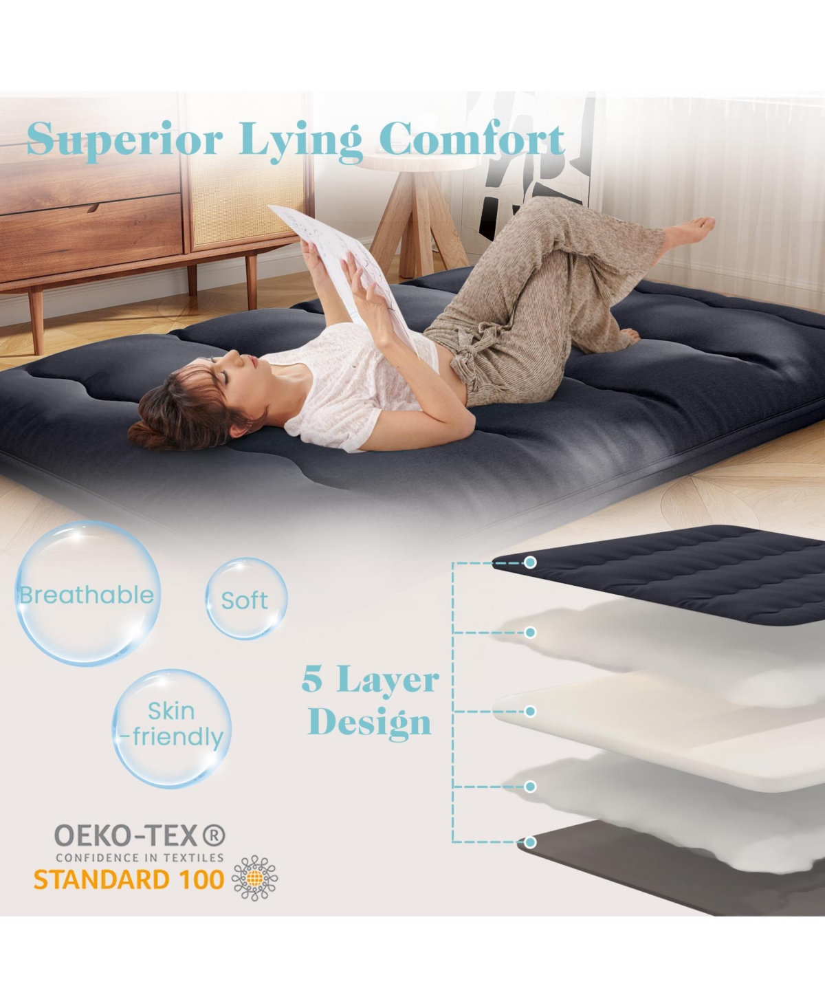 Gouun Futon Mattress with Washable Cover and Foldable Mat-Queen Size