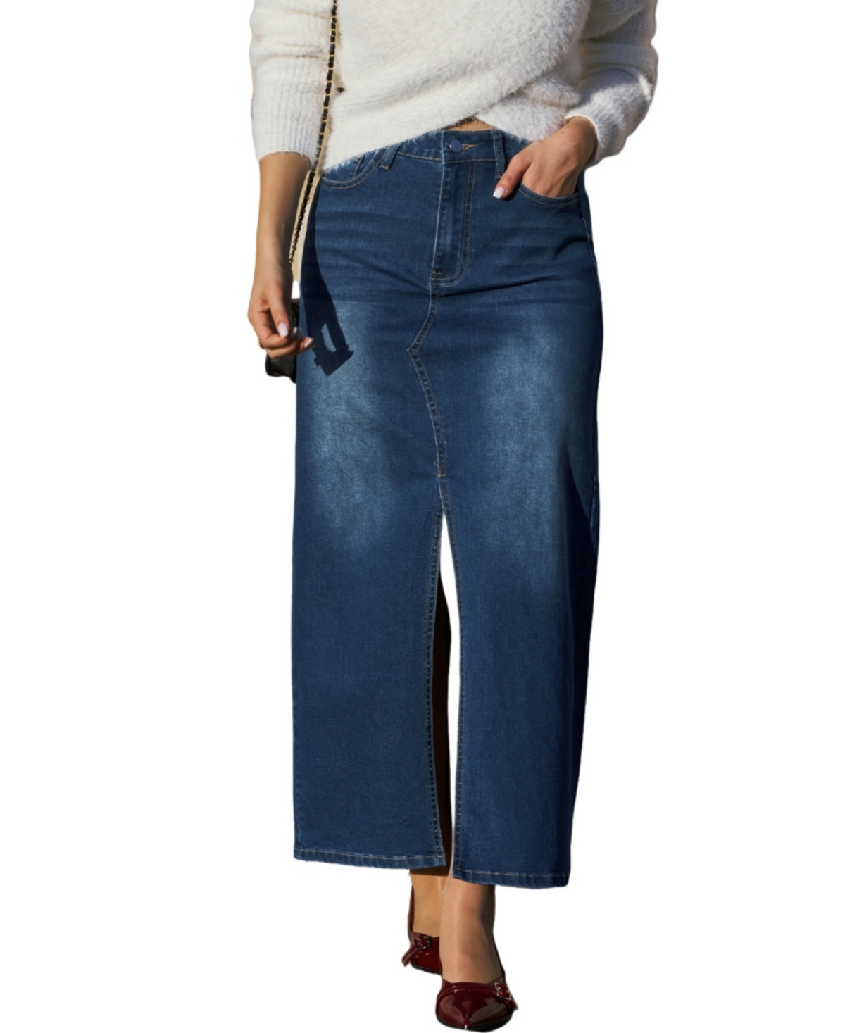 Women's Blue Denim Split Hem Maxi Skirt - Medium blue