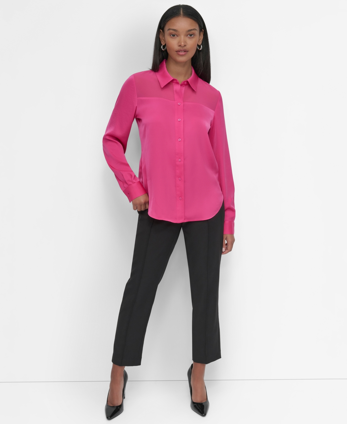 Dkny Petite Mixed-Media Chiffon-Yoke Blouse