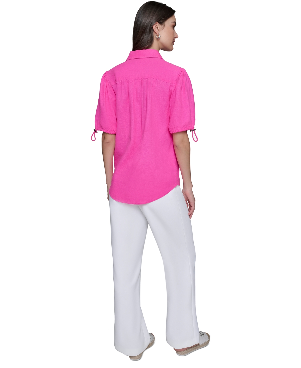 Shop Karl Lagerfeld Women's Linen-blend Bungee-sleeve Button-front Top, Regular & Petite In Bright Fuschia