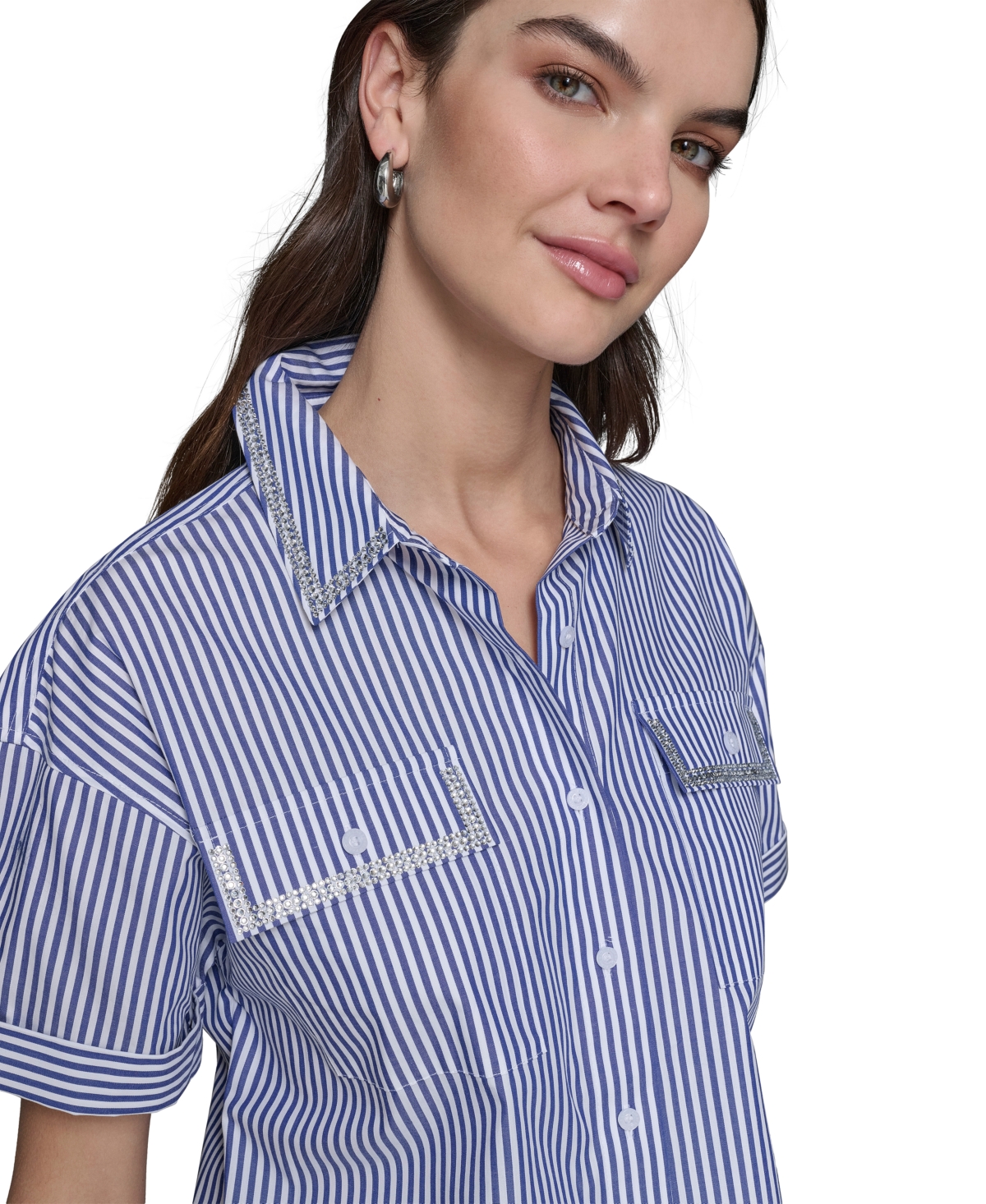 Karl Lagerfeld Paris Women's Embellished Poplin Striped Button-Front Top, Regular & Petite - Blue  White