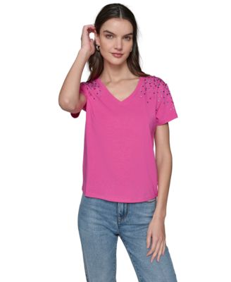 KARL LAGERFELD PARIS - Women's Embellished V-Neck T-Shirt