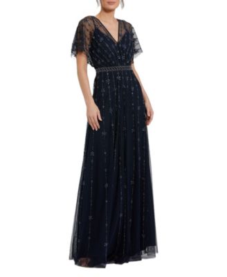 Women's V Neck Embellished Flutter Sleeve A Line Gown