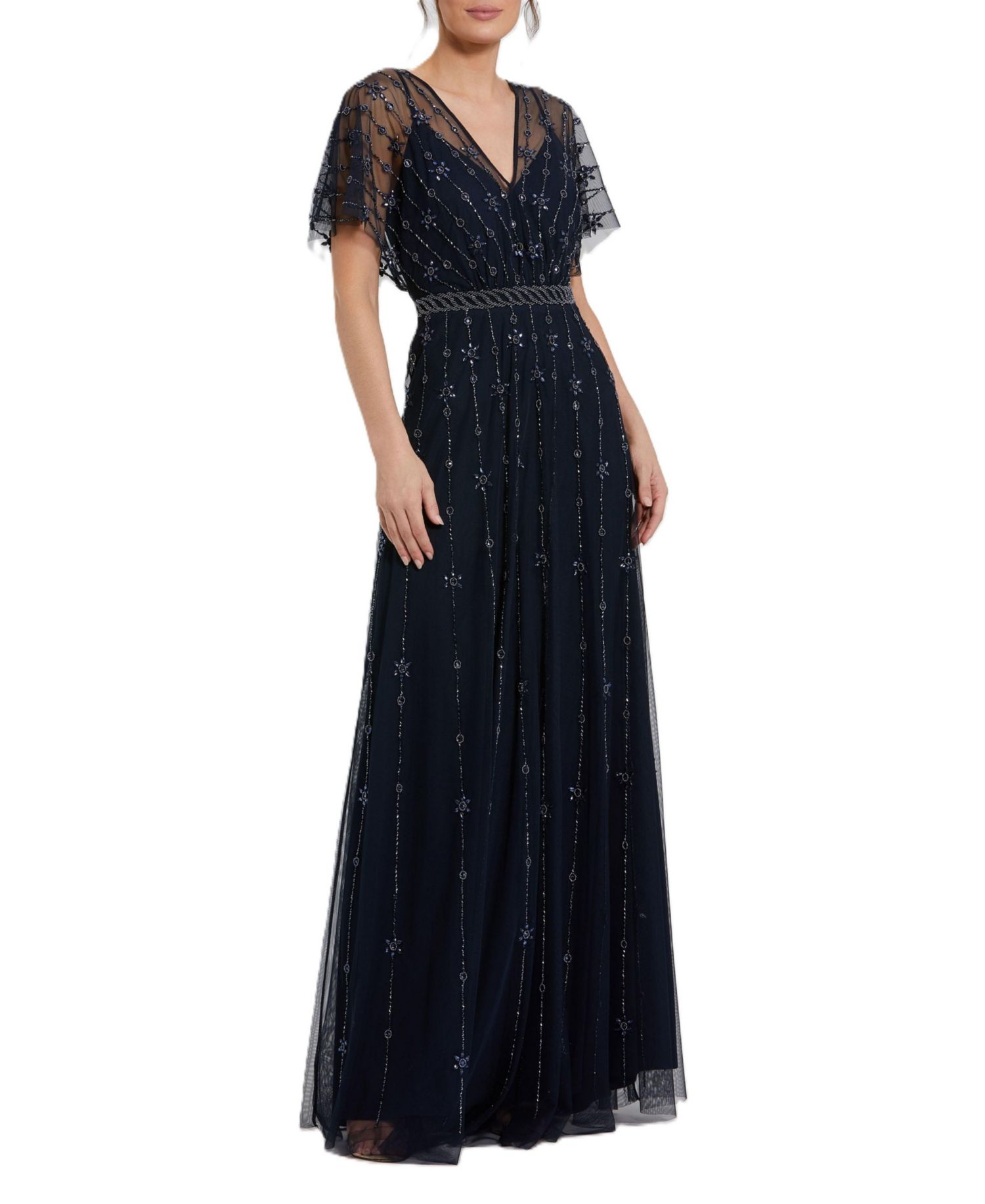 Women's V Neck Embellished Flutter Sleeve A Line Gown