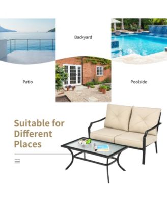 2 Pieces Patio Outdoor Cushioned Sofa Bench with Table