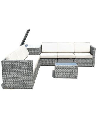 8 Piece Wicker Sofa Rattan Dinning Set Patio Furniture with Storage Table