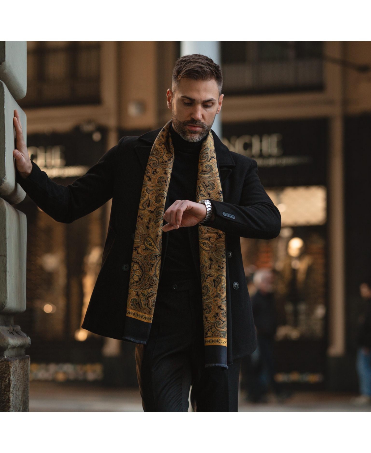 Elizabetta Men's Sorrento - Wool Backed Silk Scarf for Men - Gold and black