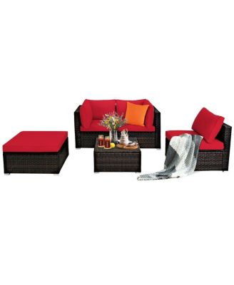 5 Pieces Patio Rattan Sofa Set with Cushion and Ottomans