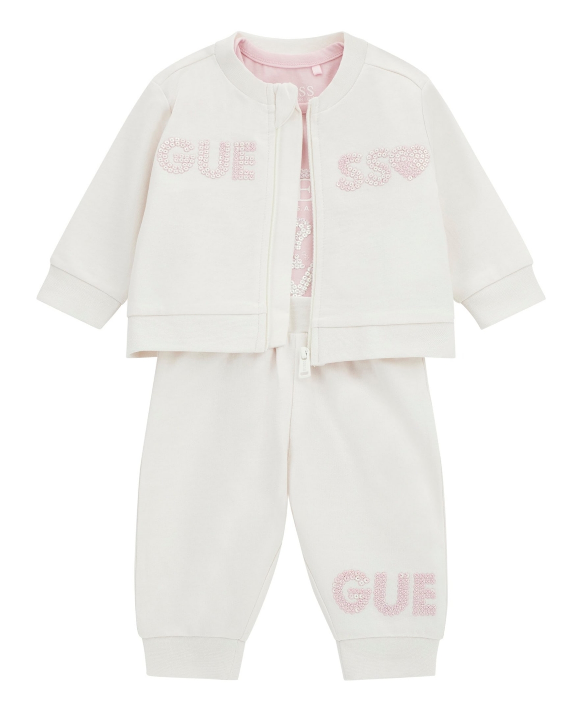 Guess Baby Girl Short Sleeve Bodysuit, Active Zip-up Sweatshirt, And Pant, 3-piece Set In Cream