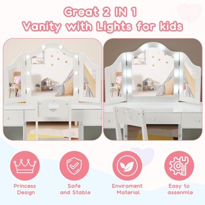 1 PC  MDF material Kids Princess Makeup Desk & Chair Set Withtouch Light Vanity Table,