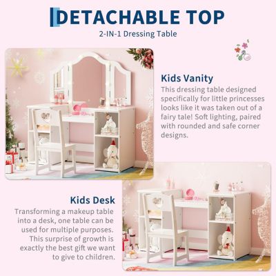 Kids Vanity Set, 2-in-1 Princess Makeup Table with Tri-Folding Mirror, Stool, Toddler Vanity, Pretend Play Vanity Set for Kids