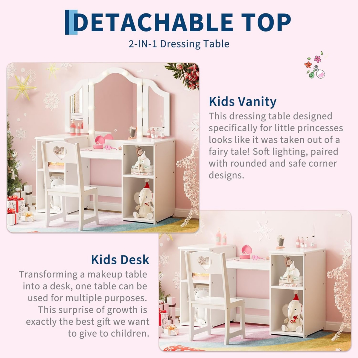 gaomon Kids Vanity Set, 2-in-1 Princess Makeup Table with Tri-Folding Mirror & Drawer, Stool, Toddler Vanity, Pretend Play Set for