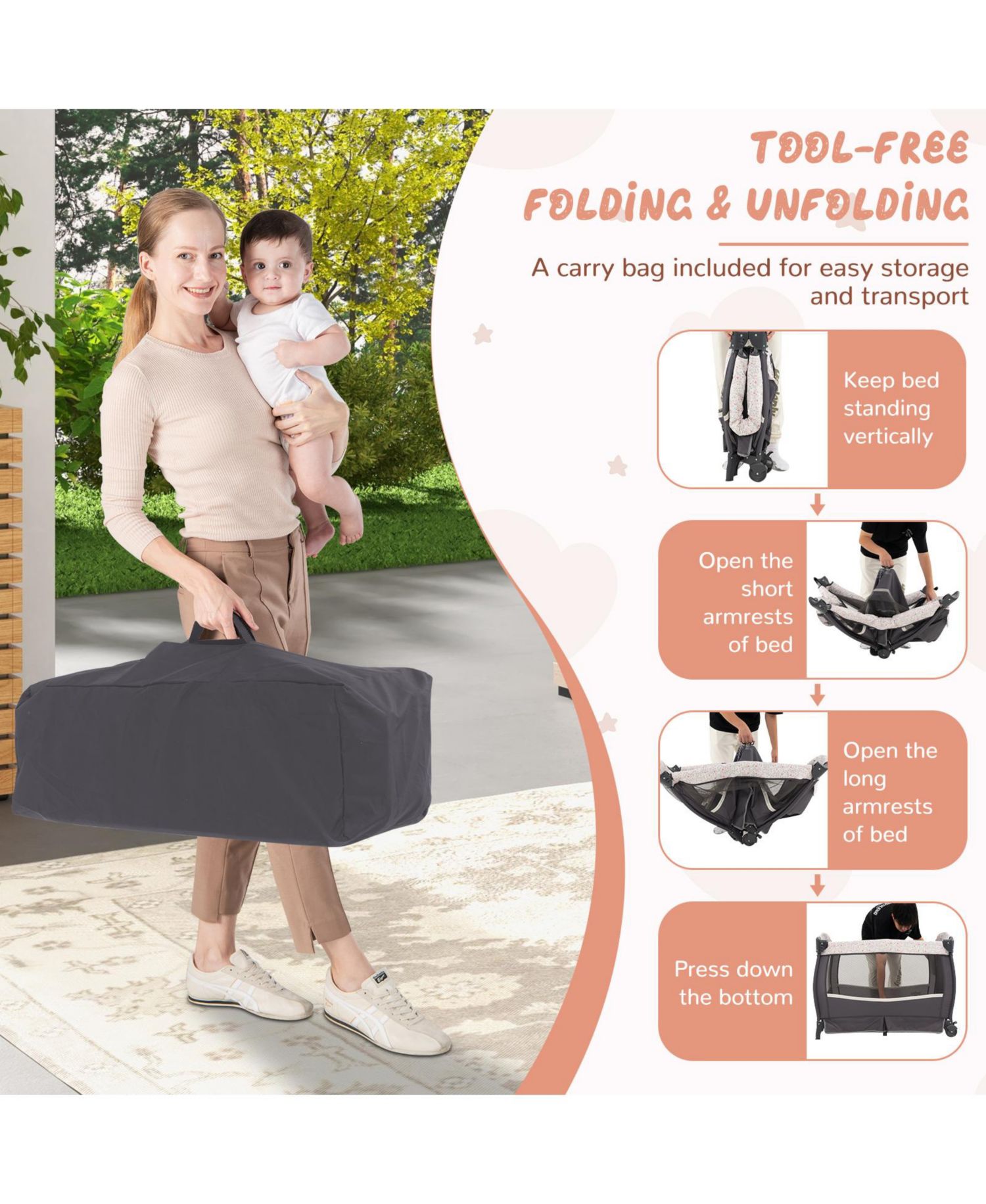 Kids 4 in 1 Portable Pack and Play Nursery Center with Bassinet-Heart