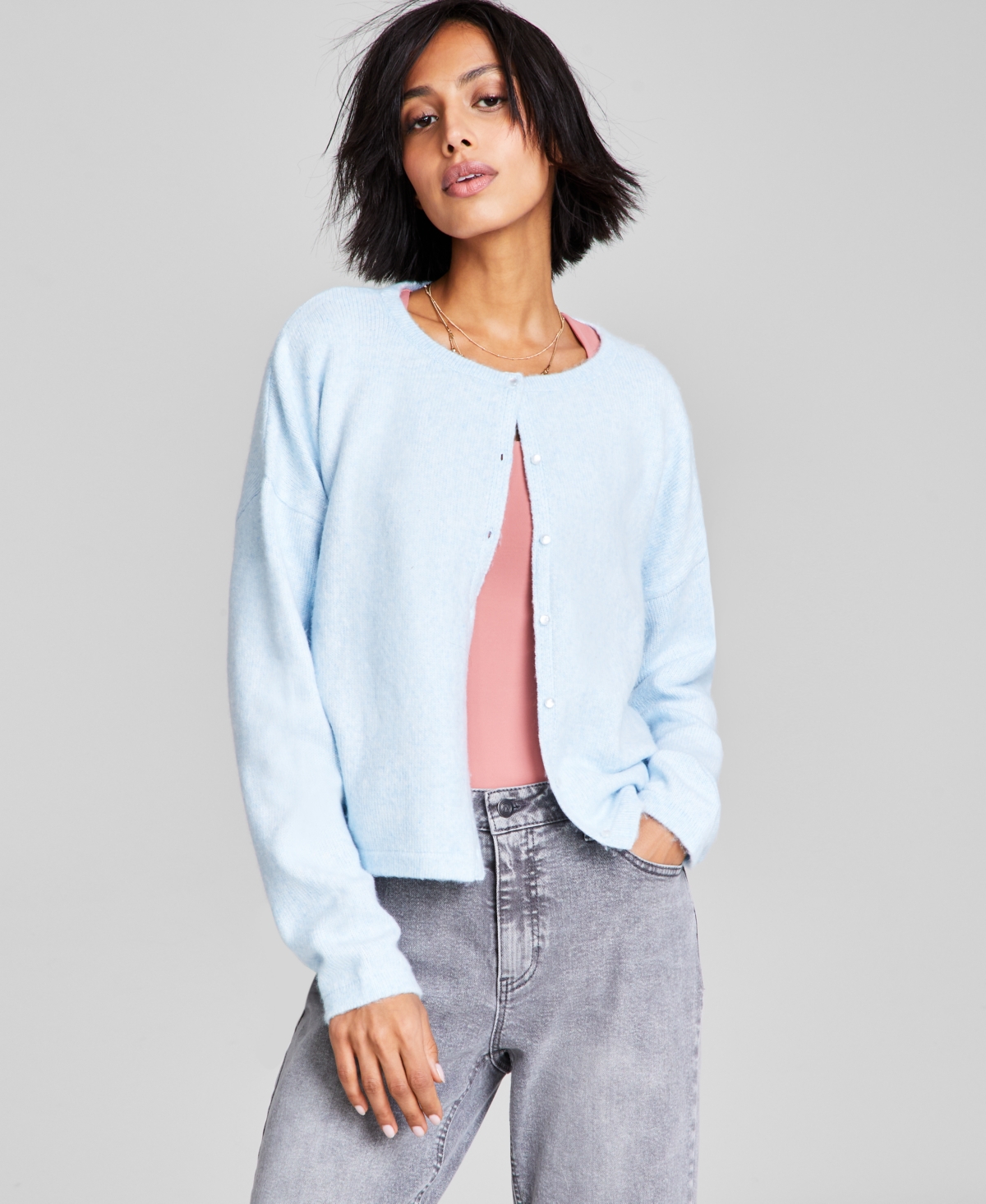 And Now This Women's Button-down Dropped-shoulder Basic Cardigan Sweater In Rain Song Heather