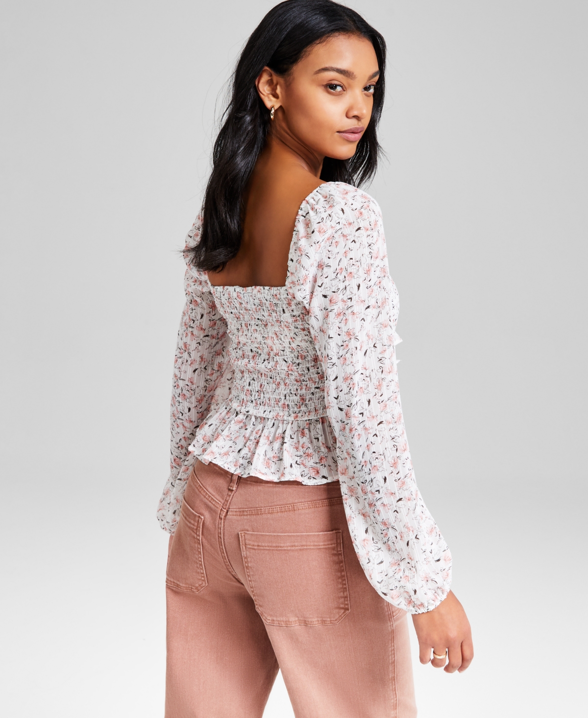 And Now This Women's Printed Ruffle-trim Smocked Top, Exclusively At Macy's In Pink Floral