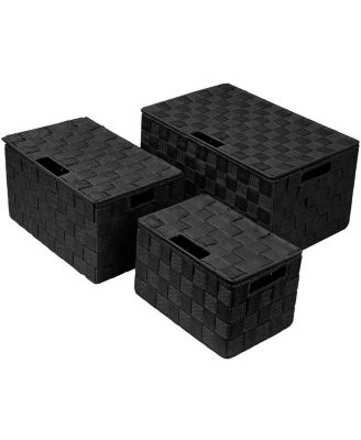 3 Piece Decorative Stackable Woven Basket with Lid and Built-in Carry Handles - Great for Storage and Organization