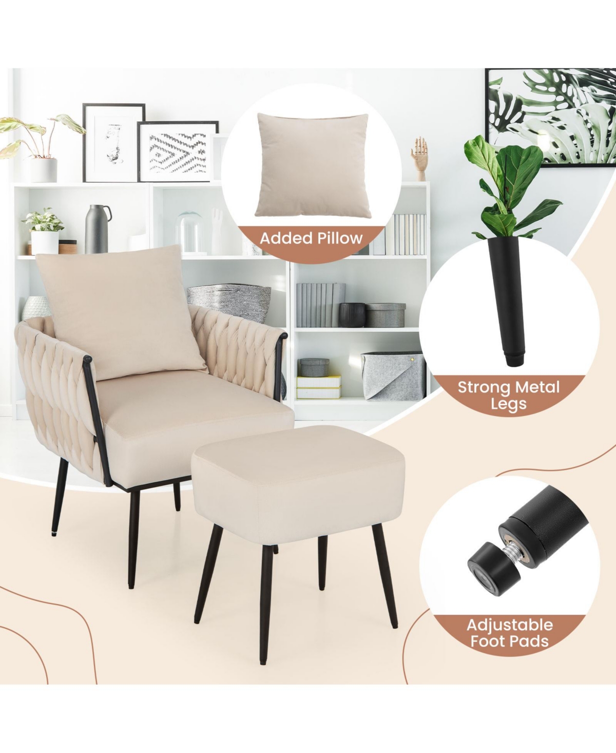 Gouun Modern Dutch Velvet Accent Chair and Ottoman Set with Weaved Back and Arms