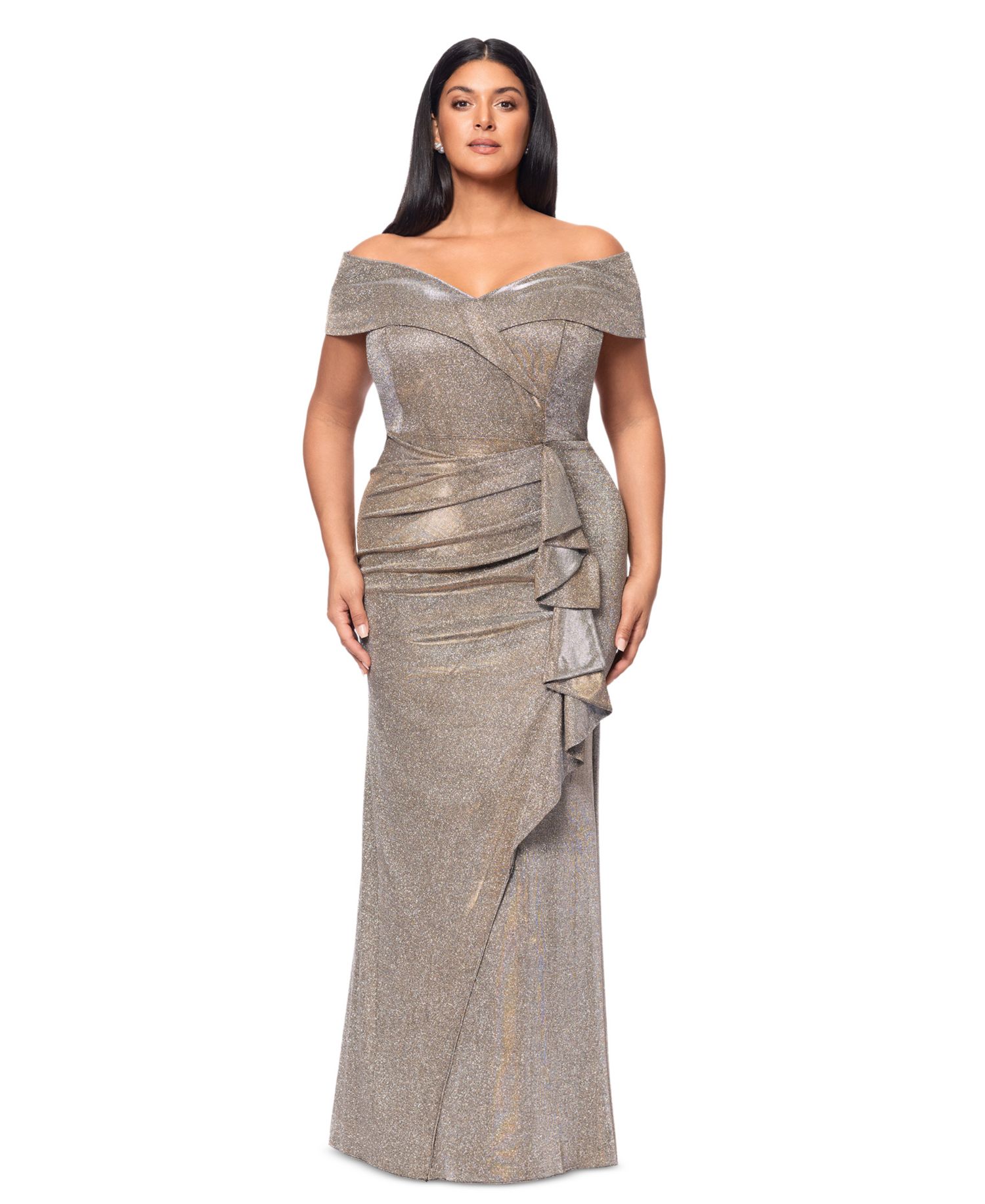 Petite Off-The-Shoulder Ruffled Glitter Gown