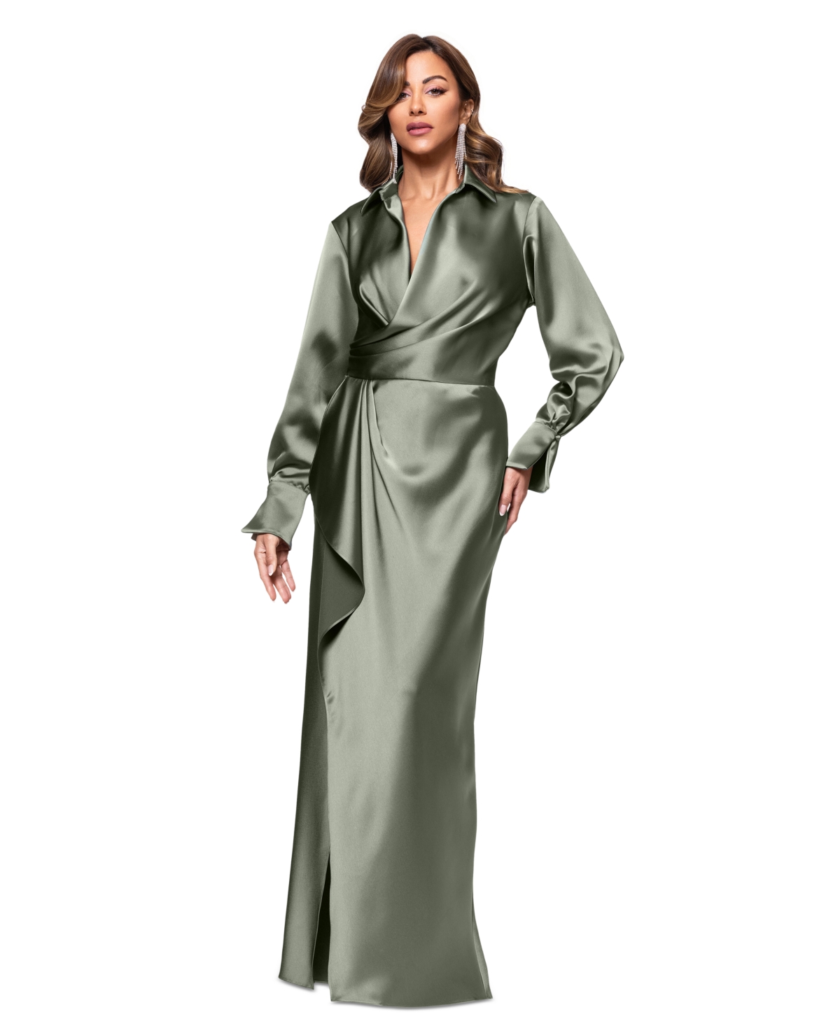 Xscape Women's Satin Shirtdress Gown In Olive
