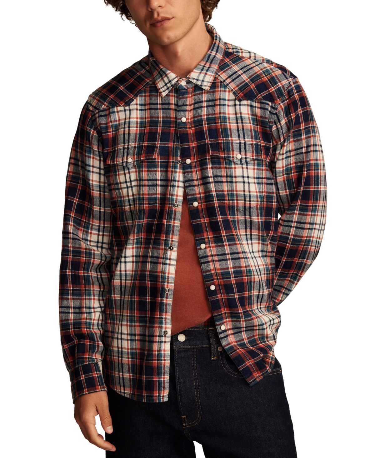 Lucky Brand Indigo Plaid Flannel Snap-up Western Shirt In Indigo Red Plaid