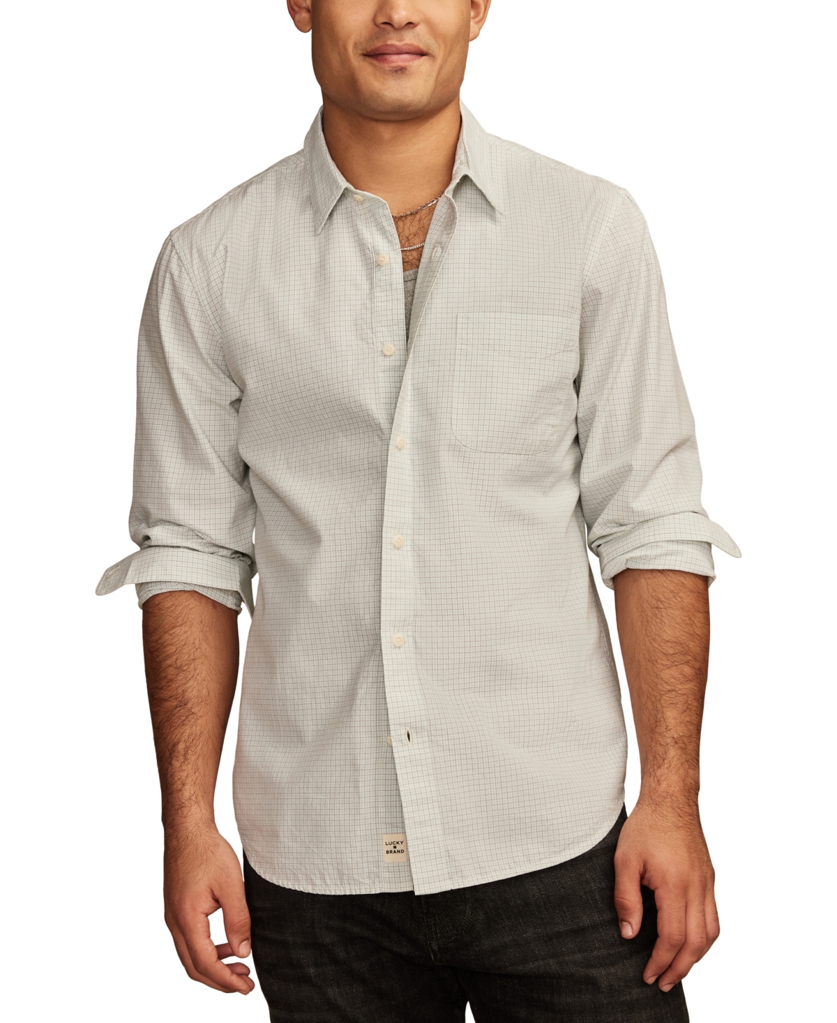 Men's Plaid One Pocket Popline Long Sleeve Shirt - White Multi