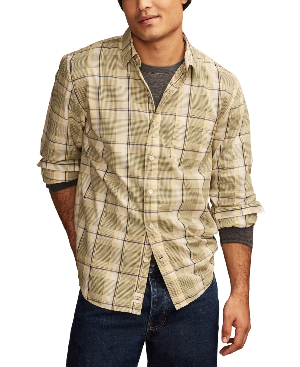 Men's Plaid One Pocket Poplin Long Sleeve Shirt - Yellow Plaid