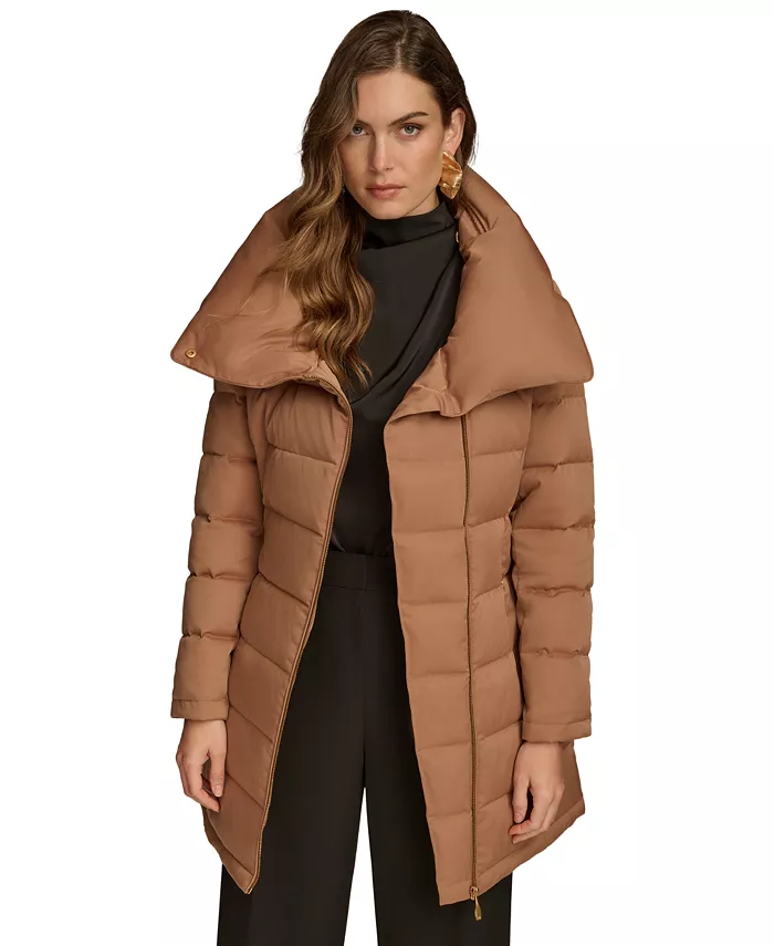Women's Belted Asymmetric Puffer Coat - thumbnail 3