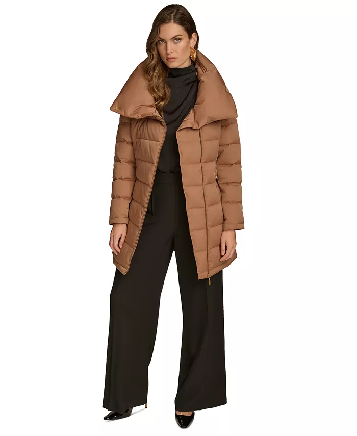 Women's Belted Asymmetric Puffer Coat - thumbnail 8