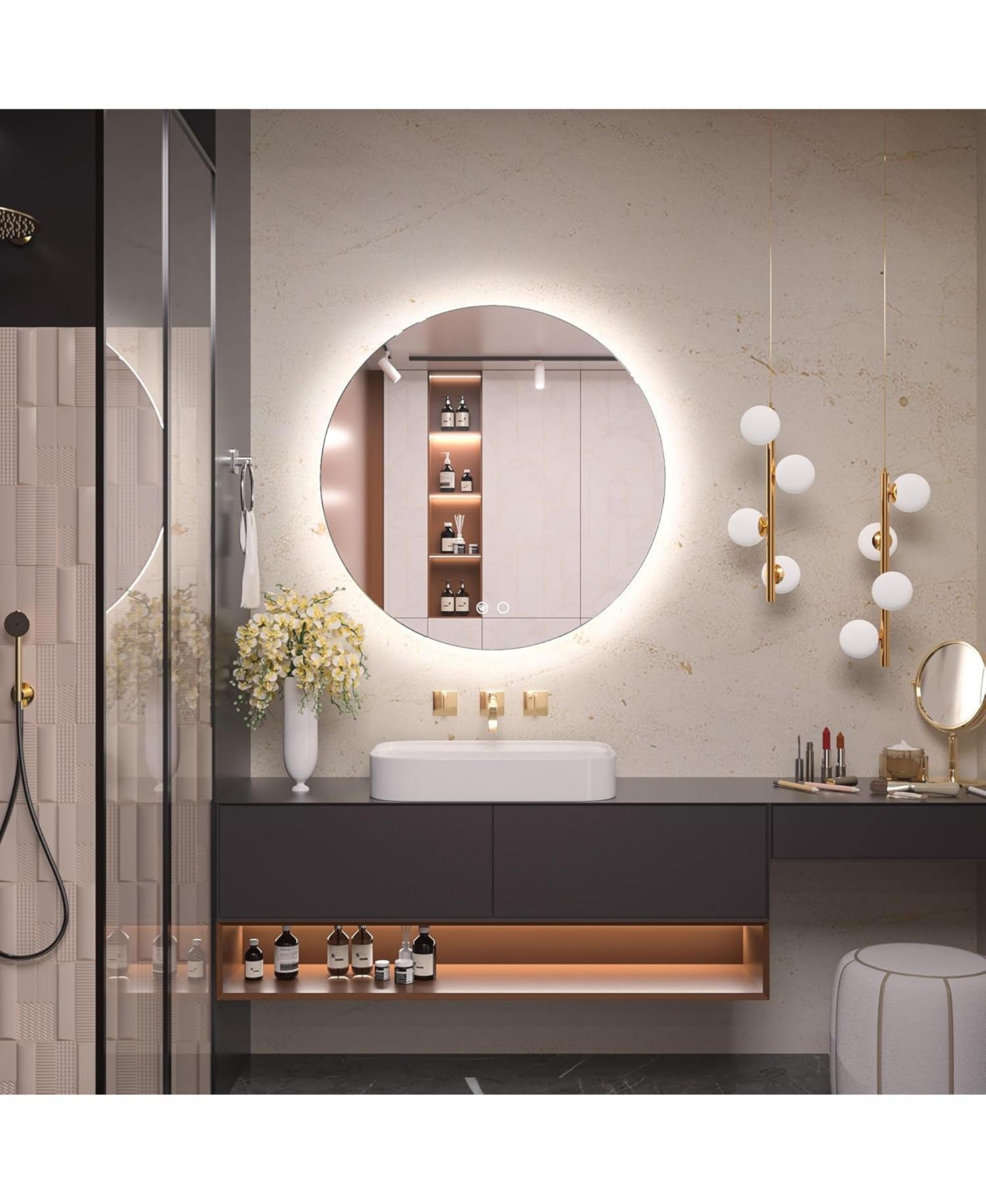 keonjinn Round Led Backlit Frameless Bathroom Mirror with Dimmable Brightness Anti-fog Function