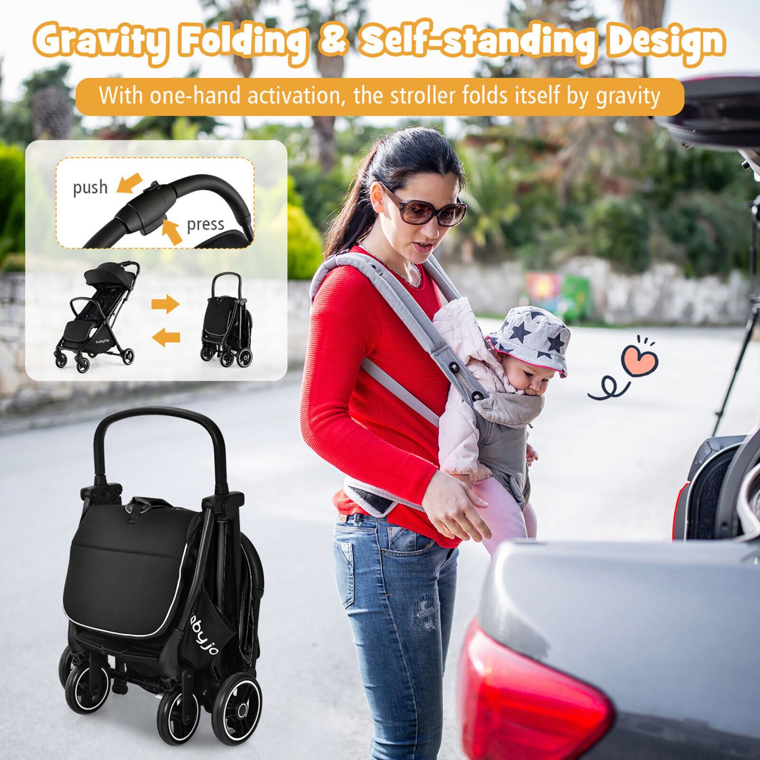 Portable Baby Stroller One-Hand Fold Pushchair W/ Aluminum Frame