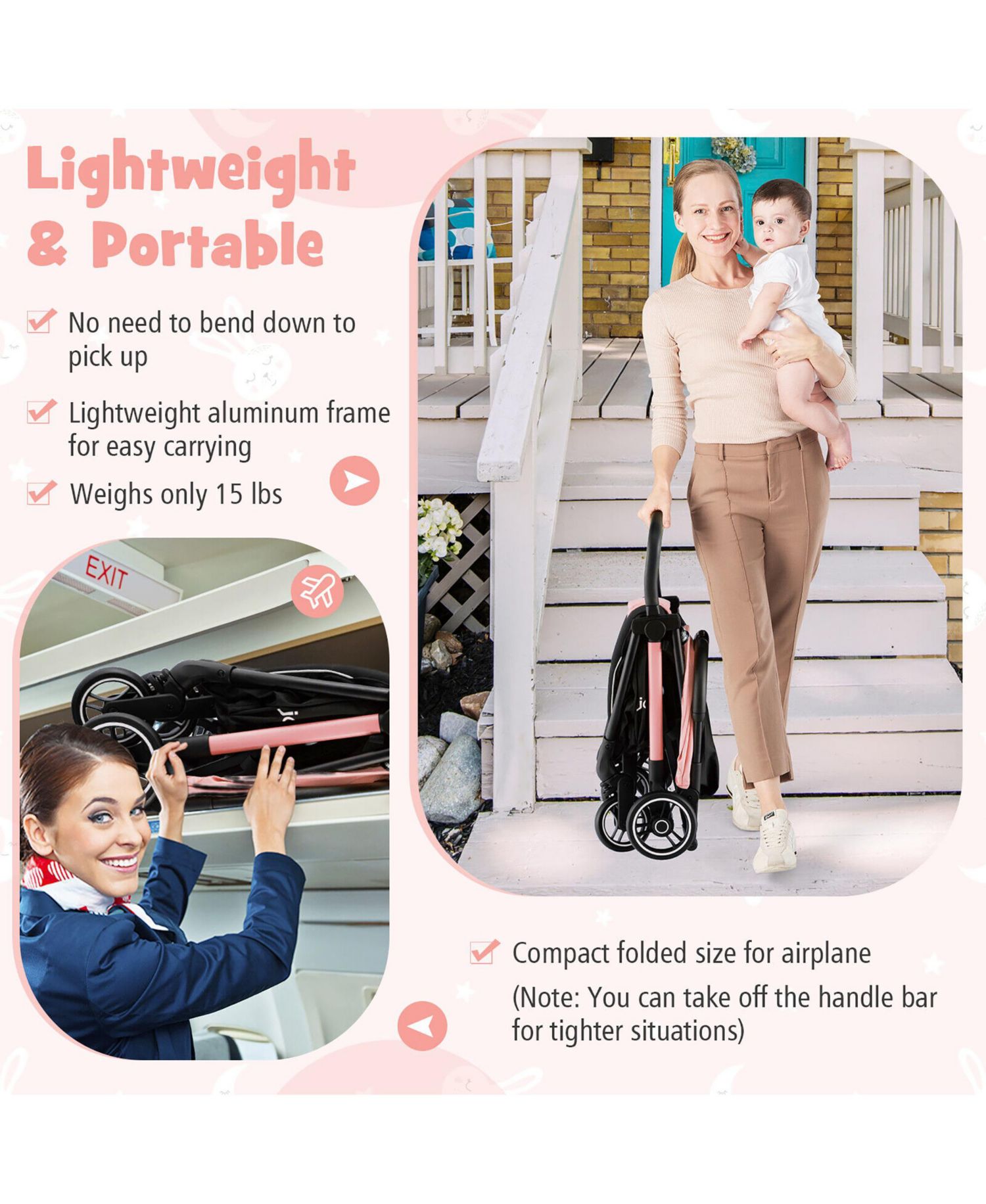 Portable Baby Stroller One-Hand Fold Pushchair W/ Aluminum Frame