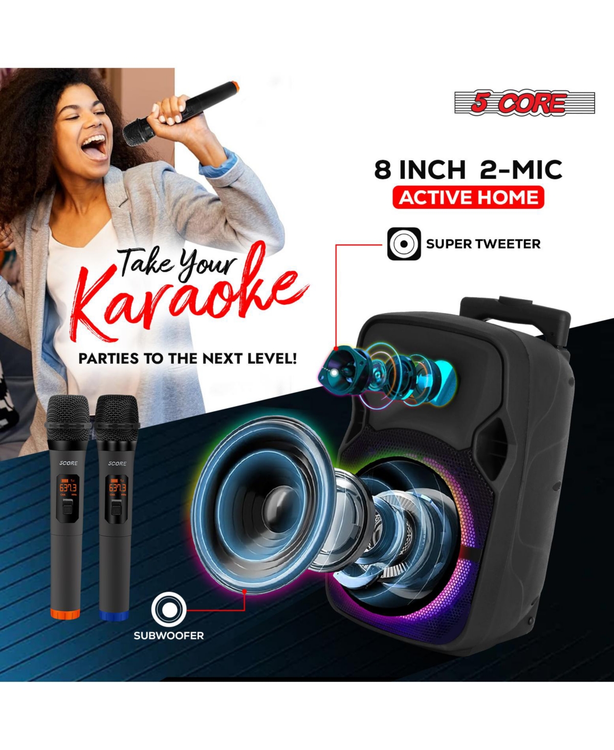 5 Core Tws Pair Bluetooth Party Speakers 250 W Portable Karaoke Pa System Rechargeable Loud Speaker + Tripod Stand & 2x Wireless Mics Led Light