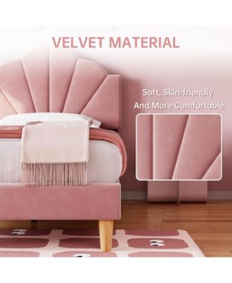 Twin Pink Bed Frame, Twin Velvet Upholstered Bed Frame with Height Adjustable Headboard, Girl Twin Bed Frame with Strong Wood Slat Support and Metal Frame, No Box Spring Needed/Noise-Free