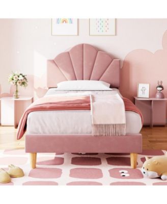 Twin Pink Bed Frame, Twin Velvet Upholstered Bed Frame with Height Adjustable Headboard, Girl Twin Bed Frame with Strong Wood Slat Support and Metal Frame, No Box Spring Needed/Noise-Free