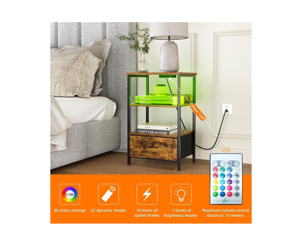 gaomon Nightstand with Charging Station and Dimmable Led Lights,Night Stand with Usb Ports & Outlets, 3-Tier Storage End Table, Bedside Tables for Bed