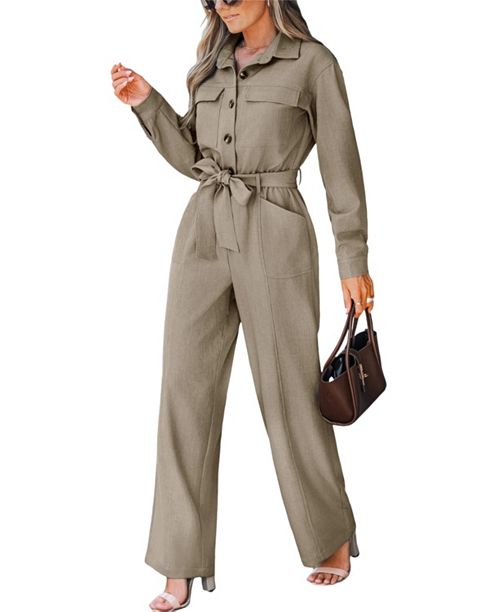 alfani Cupshe Women's V Neck Button-Up Front Tie Waist Jumpsuit Created for Macy's Women's Fashion Shoes & Accessories