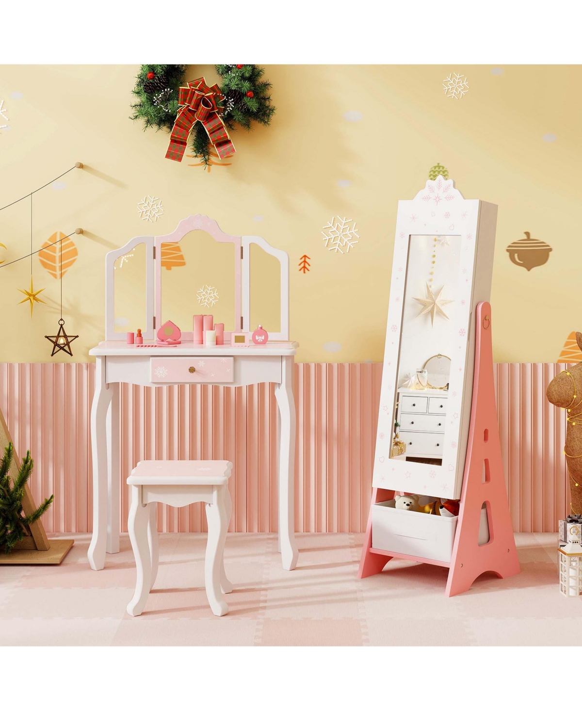 Costway Kids Vanity Set Princess Makeup Dressing Table & Chair with Jewelry Armoire
