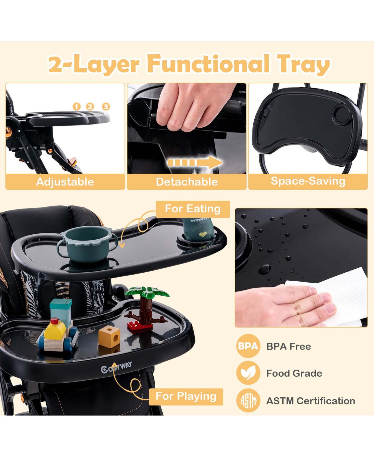 Baby High Chair with Wheel Folding Baby Dining Adjustable Height