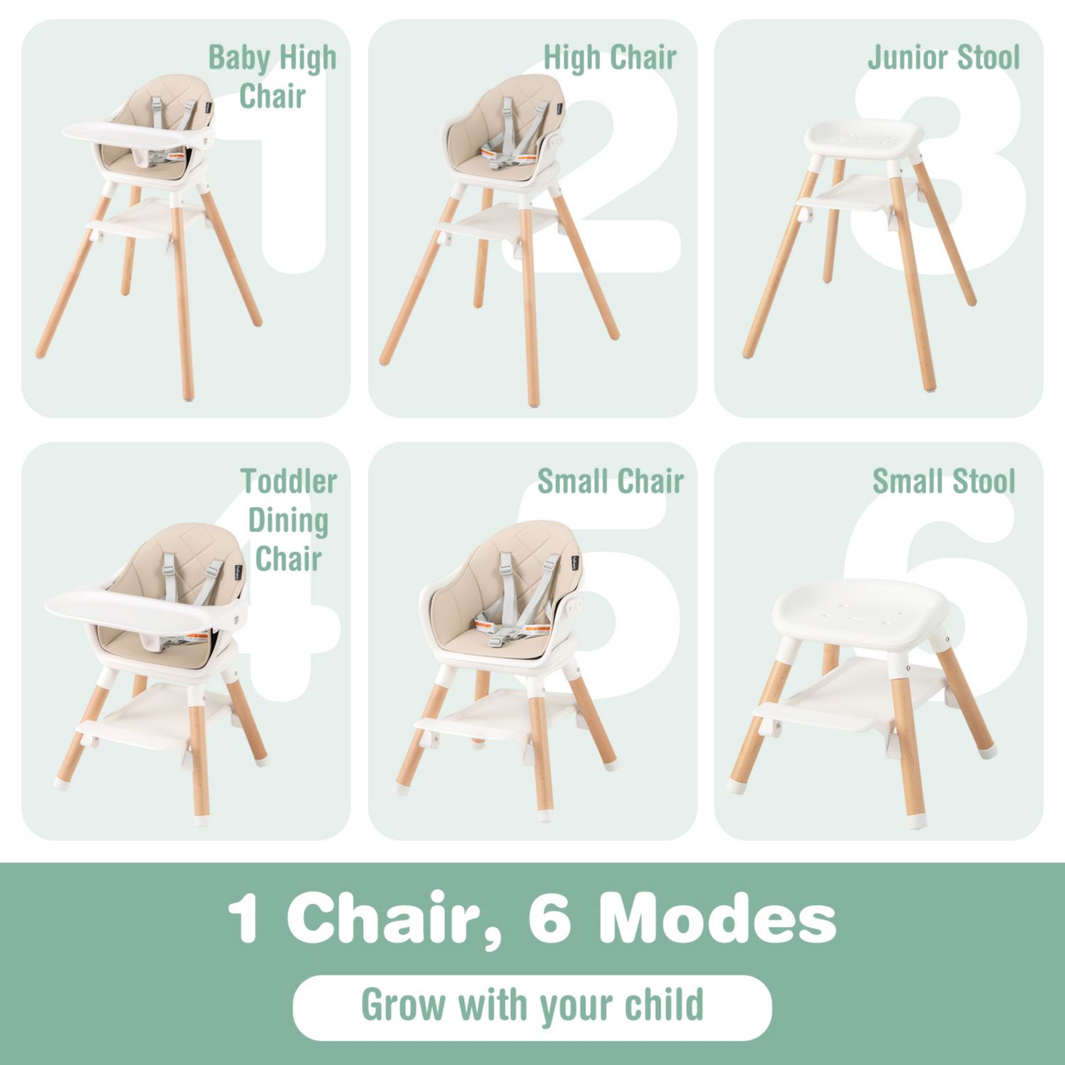6-in-1 Convertible Baby High Chair with Safety Harness and Removable Tray
