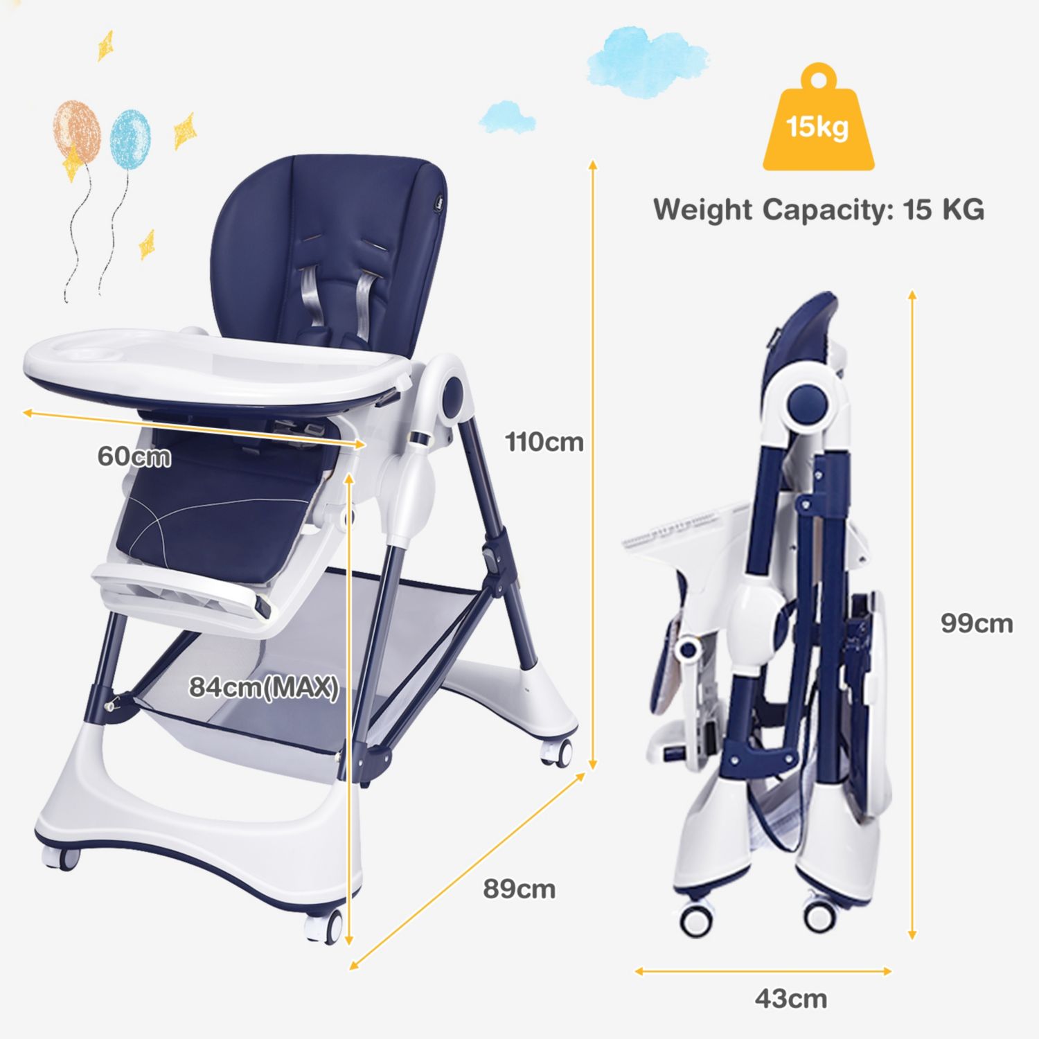 Adjustable Baby High Chair with Lockable Wheels and Tray