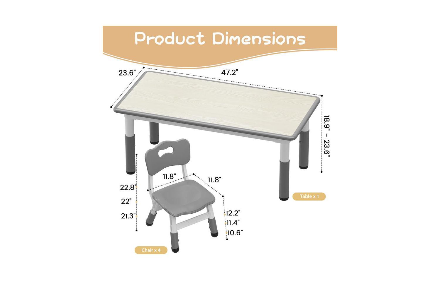 Kids Table and Chair Set, Height Adjustable Toddler Table and 4 Chairs Set for Ages 2-10, Graffiti Desktop, Non-Slip Legs, Arts & Crafts Table, Children Activity Table for Daycare Classroom Home