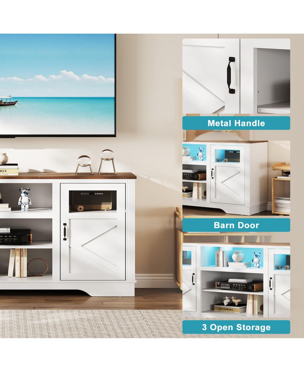 gaomon Farmhouse Tv Stand with Led Lights, Entertainment Center for 65/60/55 Inches Televisions, Tv Console with Storage Cabinets and Open Shelves, Tv
