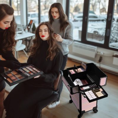 Rolling Makeup Train Case Cosmetic Trolley Organizer Blush ForgetMeNot