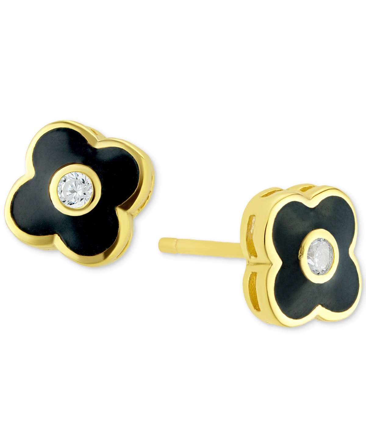 Macy's Cubic Zirconia Black & White Clover Stud Earrings In 14k Gold-plated Sterling Silver In Gold
