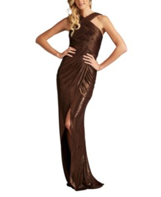 【Tadashi Shoji】Jessa llic Crisscross Draped HalterGown Tadashi Shoji Women's Jessa Metallic Crisscross Draped