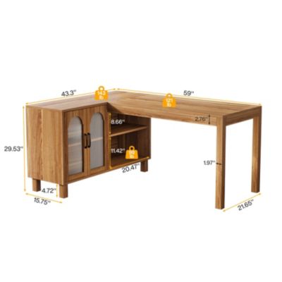 59-Inch L Shaped Computer Desk with Cabinet, Farmhouse Corner Desk with Storage Shelves, L Shaped Executive Desk, Long Writing Desk for Home Office, Gaming